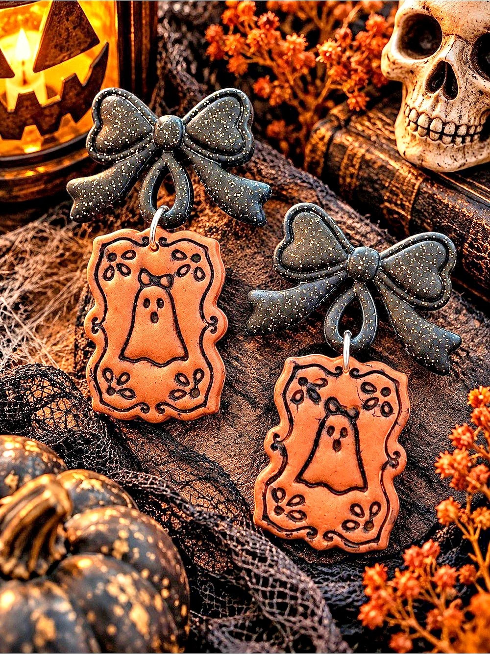 Black & Orange Halloween Ghost Bow Earrings